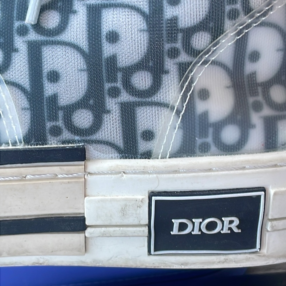 Dior White and Blue High-Top Sneakers with Monogram Pattern - Picture 9 of 10